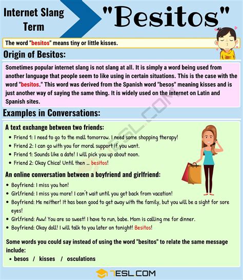 Sep 14, 2022 · Meaning. The expression ‘besitos’ translates from Spanish to ‘little kisses.’ Besitos is a version of ‘besos,’ a Spanish word for ‘kisses.’ People use ‘besitos’ at the end of text messages, using the ‘x’ letter or multiples of it (xx, xxx, xxxx, xxxxx) to express their love or favor of the other person. 